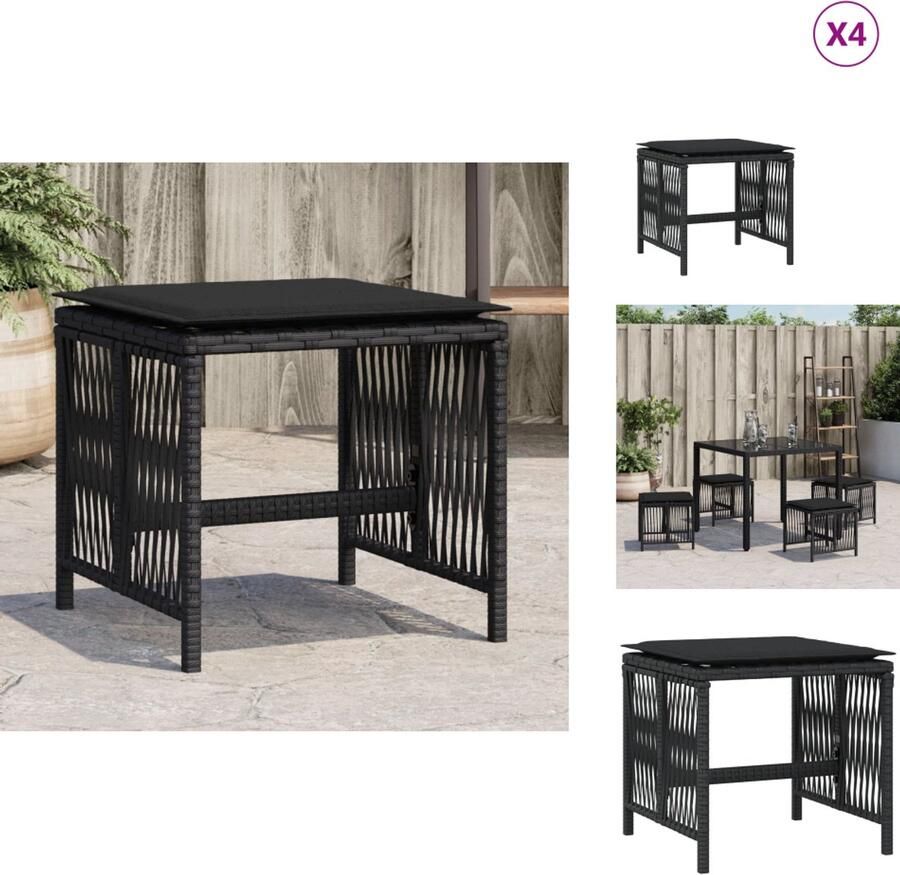 VidaXL Kruk Krukken Krukje Plantenkrukje Tuinkrukken 4 st met kussens 41x41x36 cm poly rattan zwart
