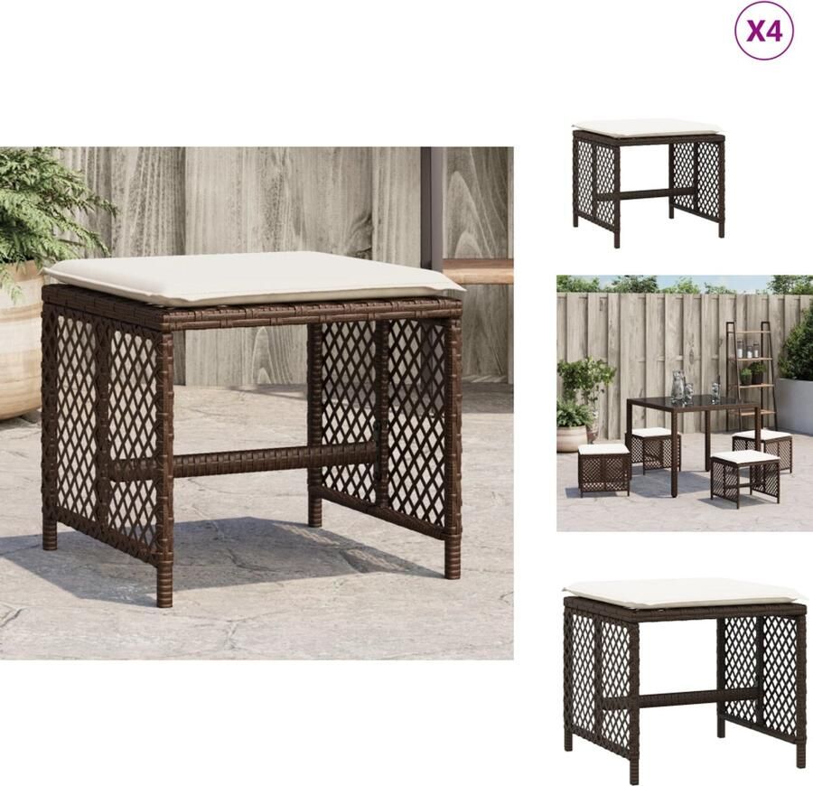 VidaXL Kruk Krukken Krukje Plantenkrukje Tuinkrukken 4 st met kussens 41x41x36 cm poly rattan bruin
