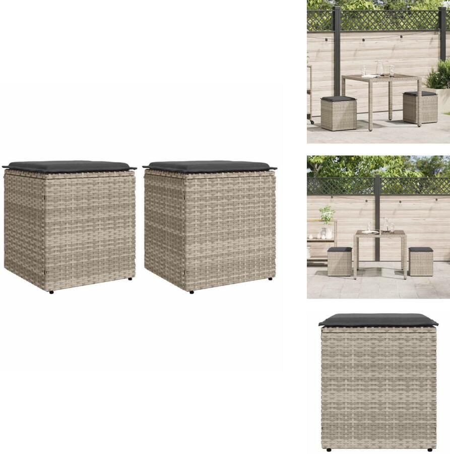 VidaXL Kruk Krukken Krukje Plantenkrukje Tuinkrukken met kussens 2 st 40x40x43 cm poly rattan lichtgrijs