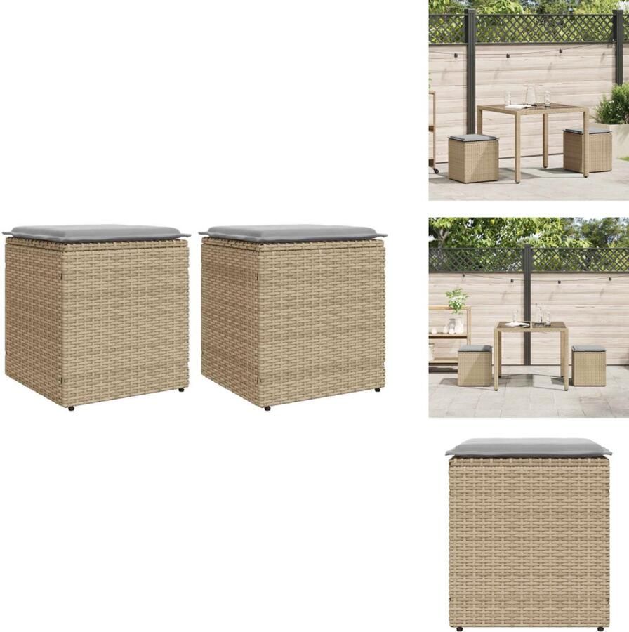 VidaXL Kruk Krukken Krukje Plantenkrukje Tuinkrukken met kussens 2 st 40x40x43 cm poly rattan beige