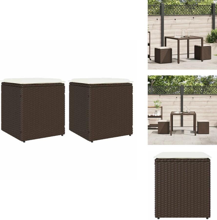 VidaXL Kruk Krukken Krukje Plantenkrukje Tuinkrukken met kussens 2 st 40x40x43 cm poly rattan bruin