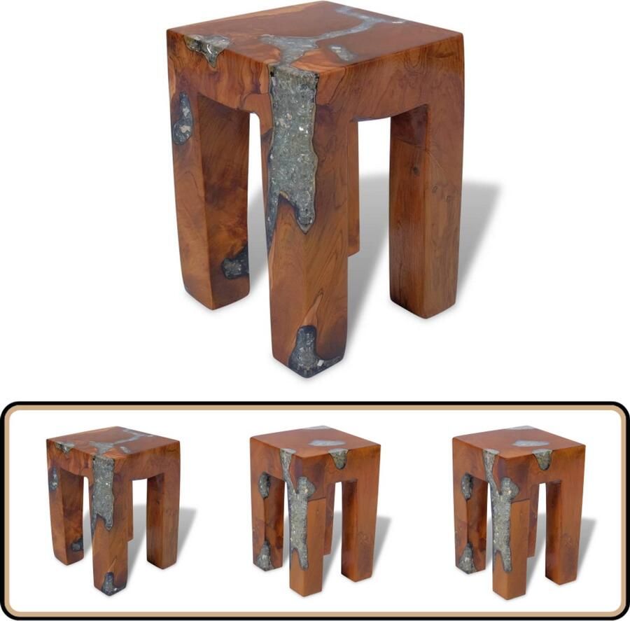 VidaXL Kruk Massief Teakhout en Hars Handgemaakt Krukkies Teak Meubilair Vintage Stoelen Industriële Kussens Handgemaakte Decoratie - Foto 2