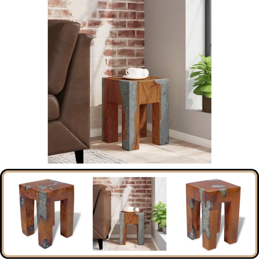 VidaXL Kruk Massief Teakhout en Hars Handgemaakt Krukkies Teak Meubilair Vintage Stoelen Industriële Kussens Handgemaakte Decoratie