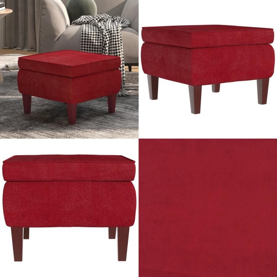 VidaXL Kruk met houten poten fluweel wijnrood Kruk Krukken Voetenbank Voetensteun