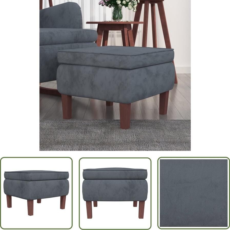 The Living Store Voetenbank Donkergrijs Fluweel 55x54.5x42cm Met Houten Poten Voetenbank Kruk Zithoek Lounge Meubilair Donkere Kleuren - Foto 2