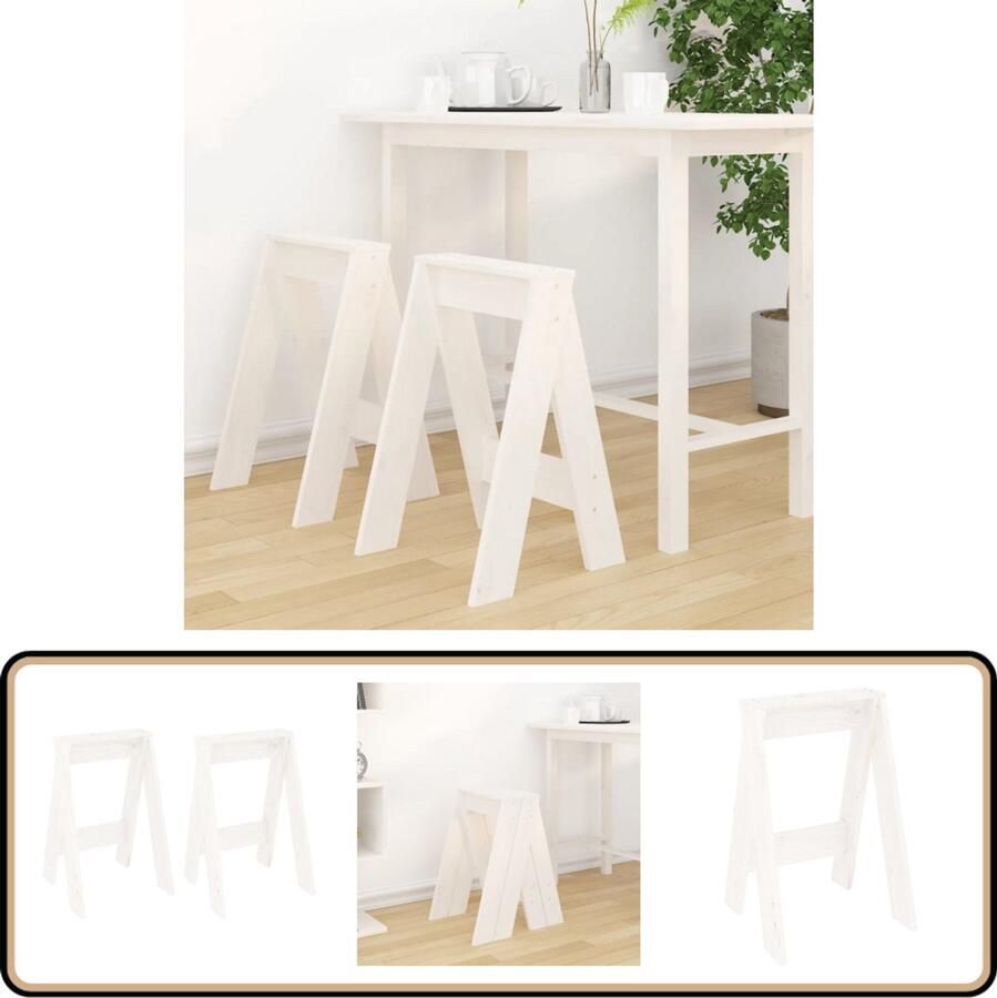 VidaXL Krukken 2 st Wit Massief Grenenhout Barkrukken Krukken Keukenkrukken Bistrostoelen Hout Meubels Grenenhouten Meubels Witte Meubels