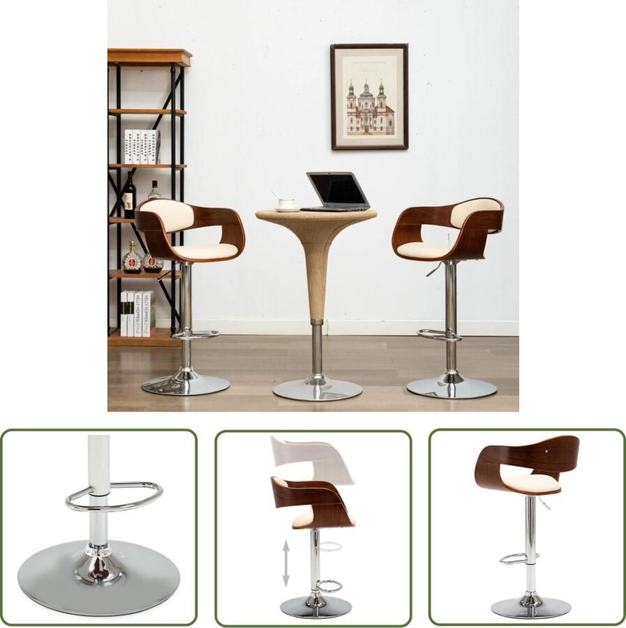 The Living Store Barstoel Set van 2 49.5x50.5x(87-108)cm Crème en bruin Gebogen hout en verchroomd metaal Kunstleer Barstooll Krukken Eetkamerstoelen Barstoelen Set Lounge Stoel - Foto 5