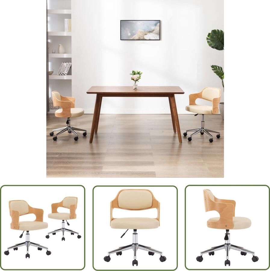 The Living Store Eetstoelen Set Crème Kunstleer 47.5 x 53 x (68-76) cm Met wieltjes Eetkamerstoelen Krukken Creme Meubels Kunstleder Stoelen Bureaustoel - Foto 2