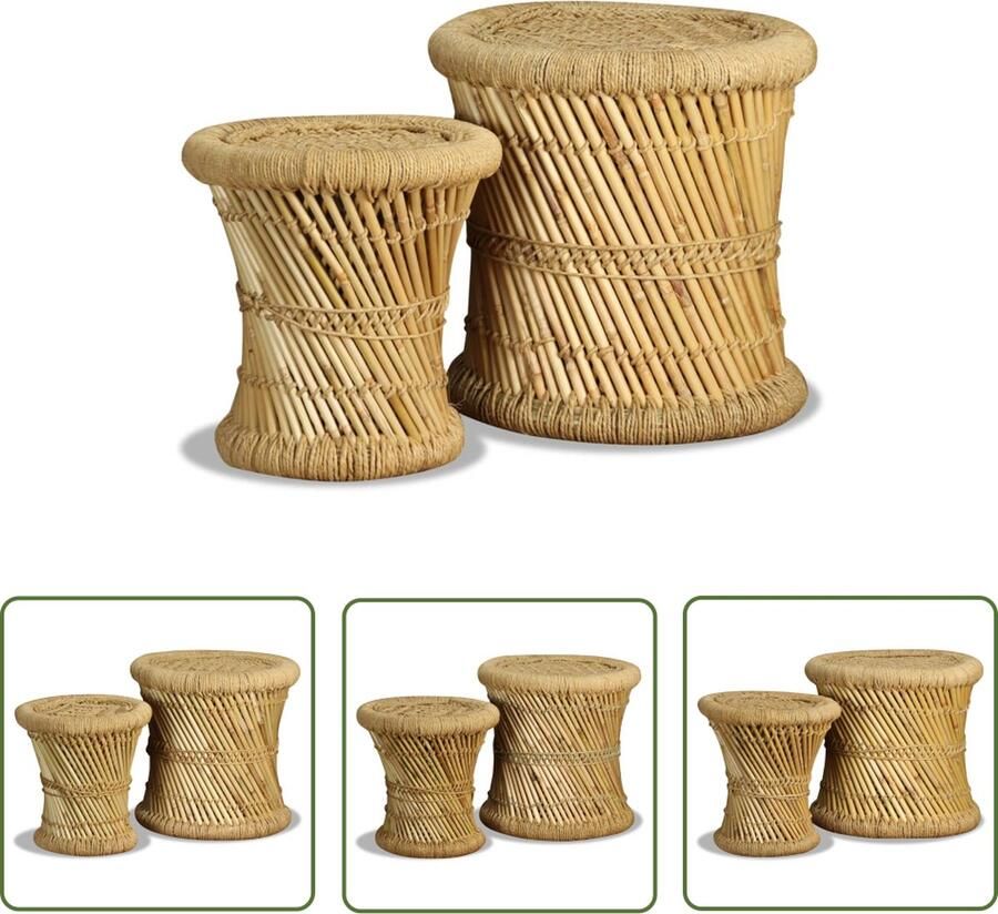 The Living Store Bamboe Krukken Set van 2 Handgemaakt Stapelbaar Ã¸39x37cm Ã¸31x31cm Bamboe en Jute Weerbestendig Bamboekrukken Krukken Set Tuin Meubels Buitentafel Bistro Stoelen - Foto 2