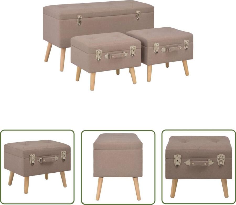 The Living Store Krukkenset Massief houten poten Polyester Bruin Grote kruk- 85x38x47 cm Kleine kruk- 40x33x33 cm Opbergkrukken Krukkenset Stoffen Krukken Bruine Krukken Houten Krukken - Foto 2