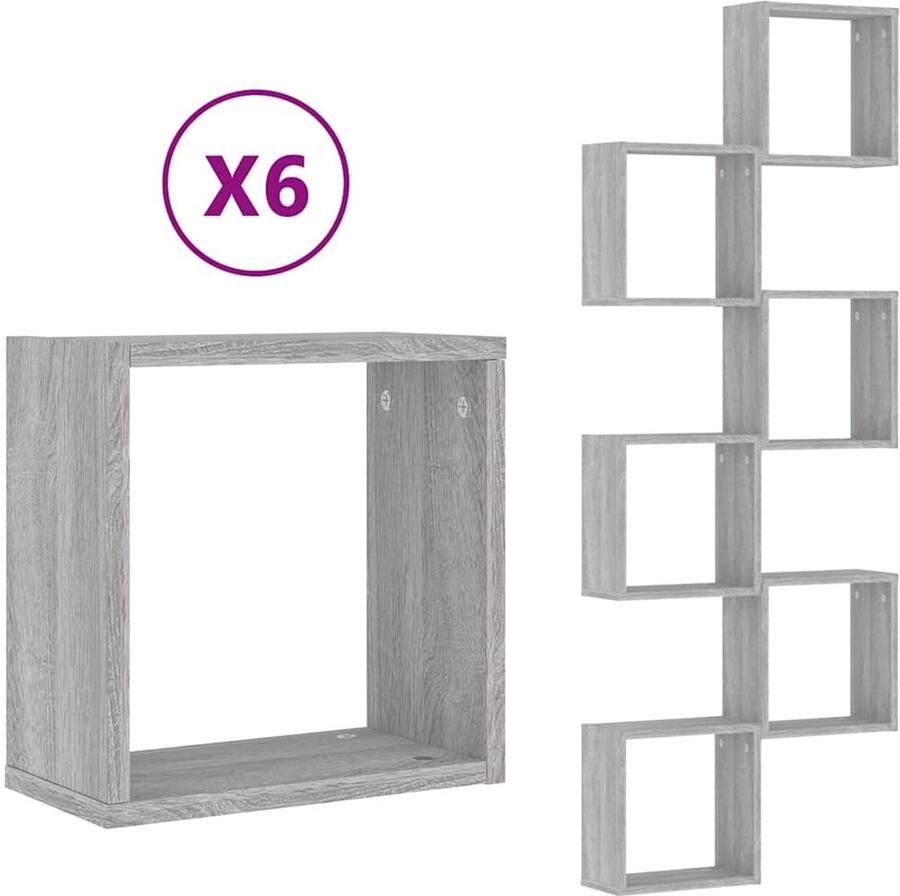 VidaXL Kubus Plank Wandplank Wandschappen kubus 6 st 30x15x30 cm grijs sonoma Grijze Wanddecoratie Opbergkast Woonaccessoires