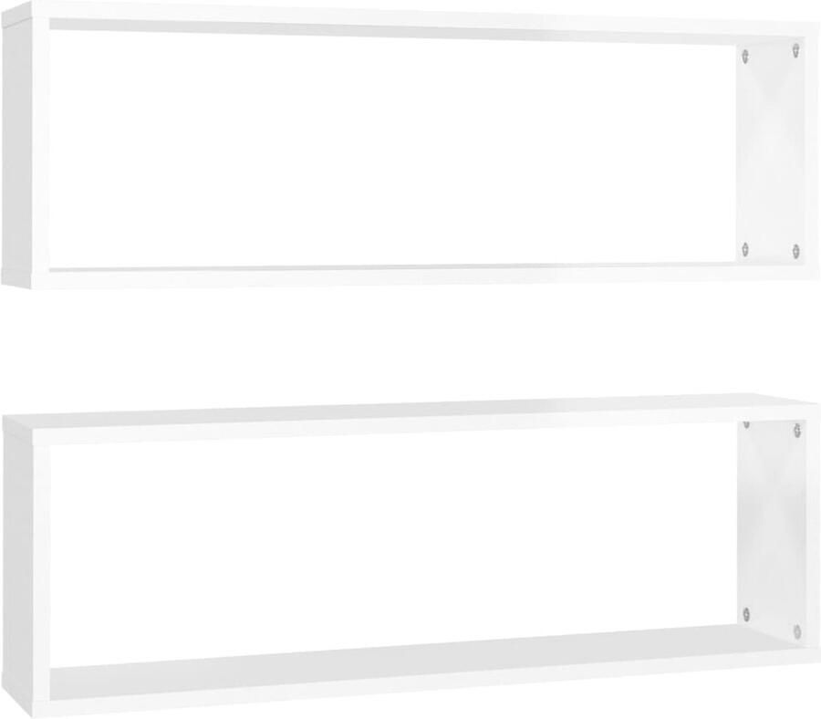 VidaXL Kubus Wandschappen Hoogglans Wit Set van 2 Wandplanken Kubus Ontwerp Houten Wanddecoratie Badkamer Accessoires Woonaccessoires