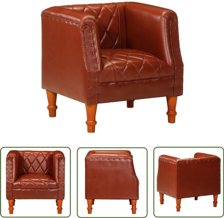 VidaXL Kuipstoel Echt Geitenleer Bruin 60x57x64 cm Leren Stoel Kuipstoel Lounge Stoel Eetkamerstoel Vintage Meubels Lederen Stoel Huiskamer Decor Modern Wonen Relaxfauteuil Brown Furniture Houten Poten Mango Hout