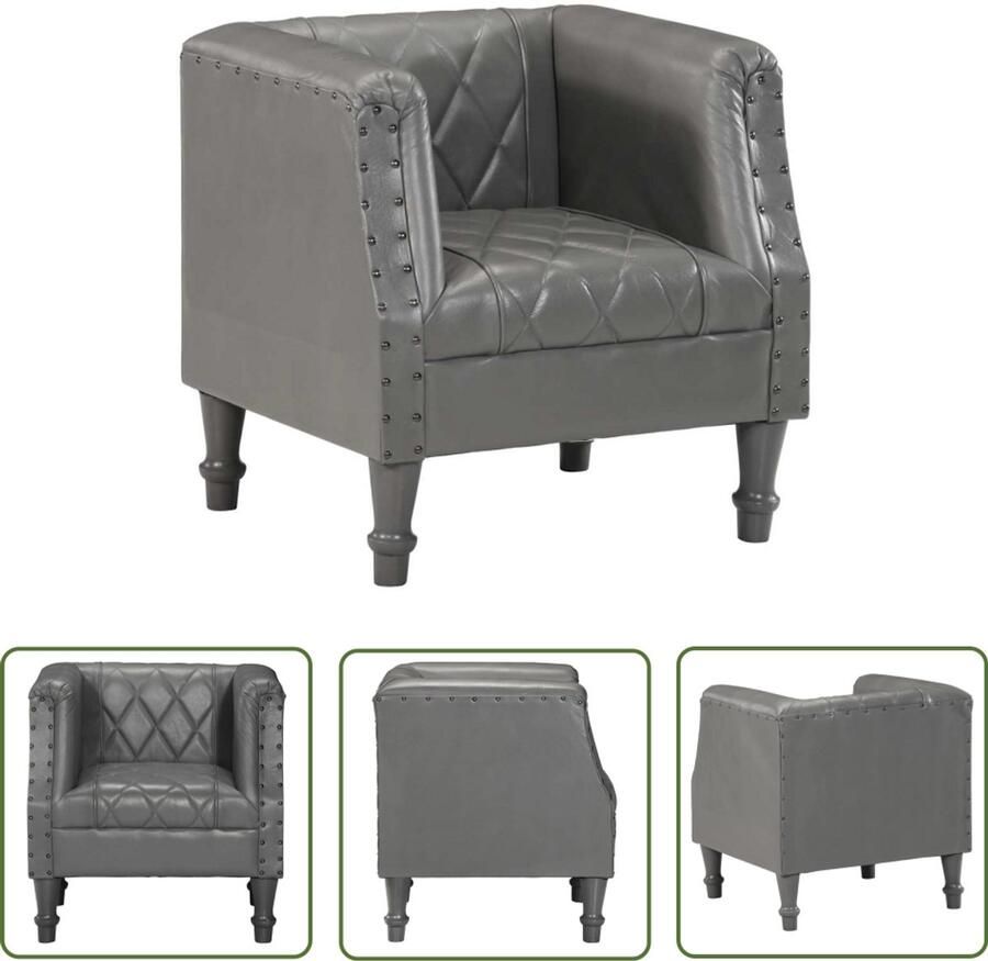 VidaXL Kuipstoel Echt Geitenleer Grijs 60x57x64 cm Vintage Fauteuil Lederen Fauteuil Geitenleren Fauteuil Design Fauteuil Lounge Stoel Huiskamer Meubels Grijze Fauteuil Houten Fauteuil Mangohouten Fauteuil