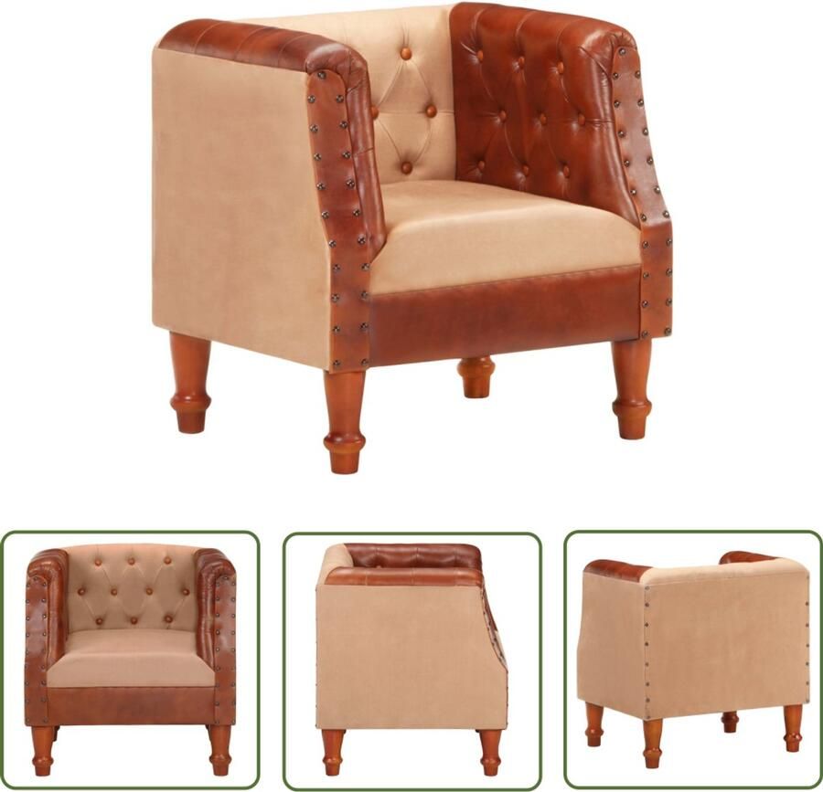 VidaXL Kuipstoel Echt Geitenleer Mangohout Bruin Lederen Fauteuil Industrieel Design Bruine Fauteuil Lounge Stoel Vintage Stoel Relaxfauteuil Huiskamer Meubilair Salontafel