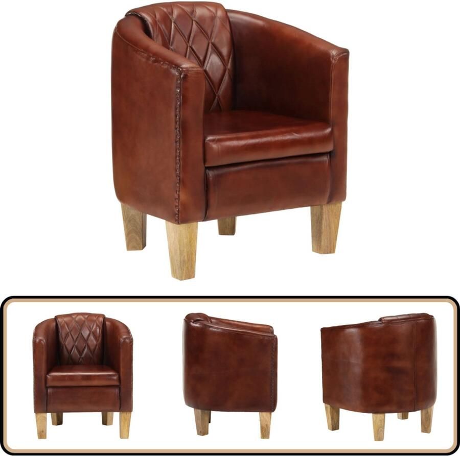 VidaXL Kuipstoel Echt leer Bruin Mangohout Luxe Kuipstoel Leren Fauteuil Bruine Fauteuil Lederen Stoel Loungestoel