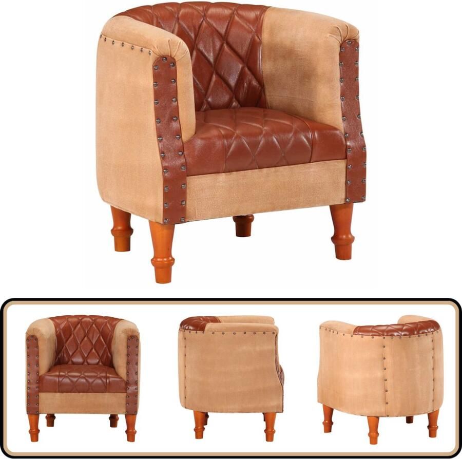VidaXL Kuipstoel Echt leer & Mangohout Bruin Lederen Fauteuil Vintage Fauteuil Industrieel Design Bruine Fauteuil Relaxfauteuil