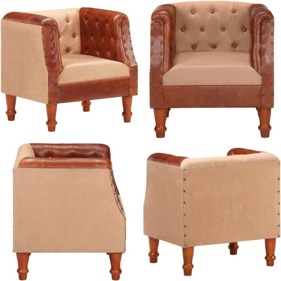 VidaXL Kuipstoel echt leer en massief mangohout bruin Kuipstoel Kuipstoelen Leren Stoel Leren Stoelen