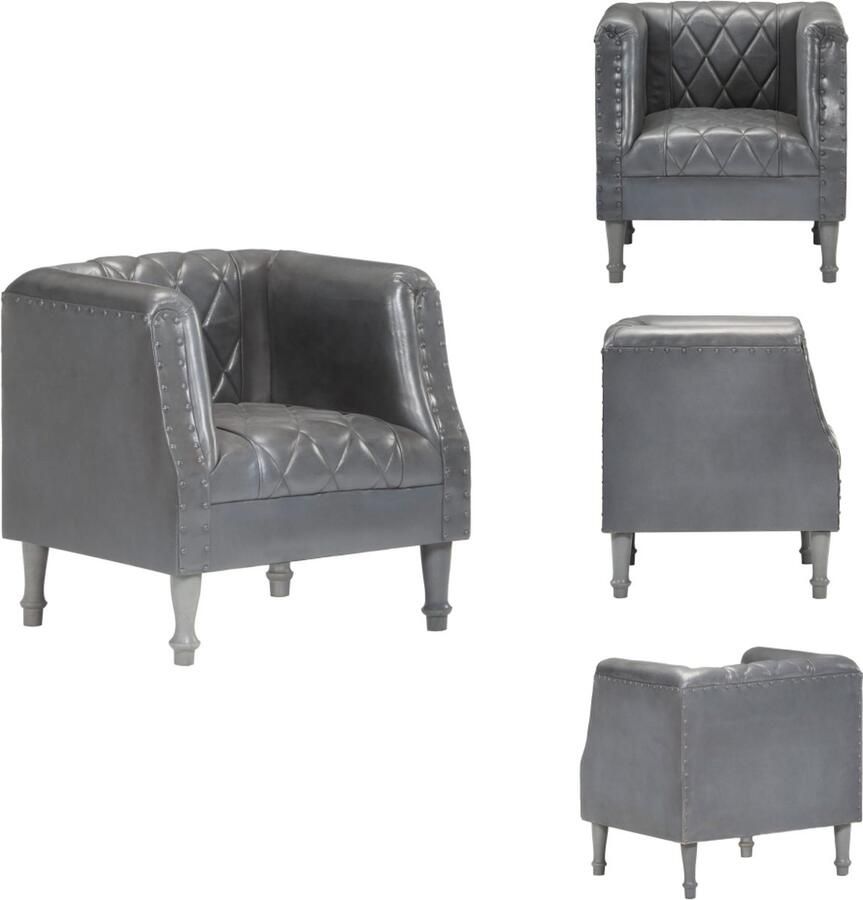 VidaXL Kuipstoel Vintage Echt Geitenleer Massief Mangohout Grijs 60x57x64cm Fauteuil
