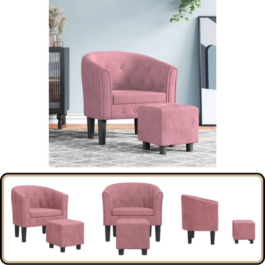 The Living Store Kuipstoel met voetenbank fluweel roze Kuipstoel Lounge Stoel Fauteuils Rozerode Fluweel