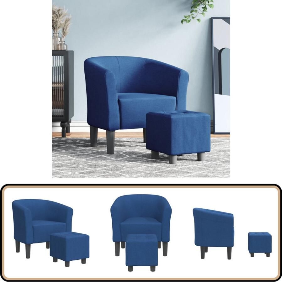 The Living Store Kuipstoel met voetenbank stof blauw Kuipstoel Fauteuils Lounge Stoel Blauwe Stoel Eetkamerstoelen