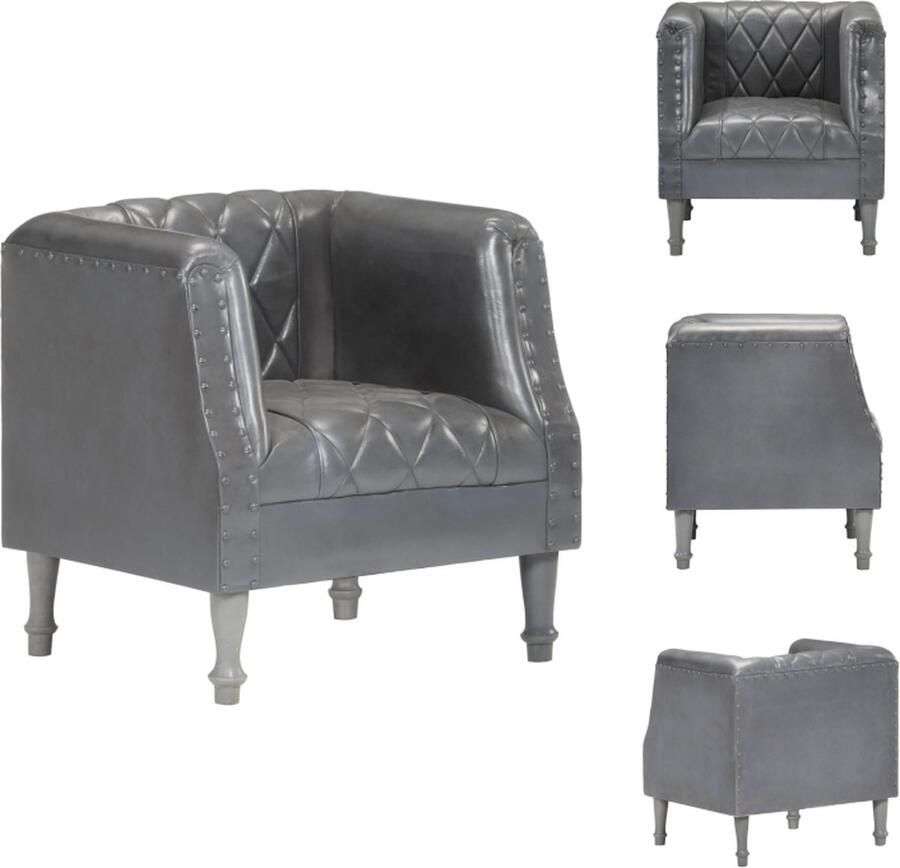 VidaXL Kuipstoel Vintage Echt Geitenleer Massief Mangohout Grijs 60x57x64cm Fauteuil - Foto 3