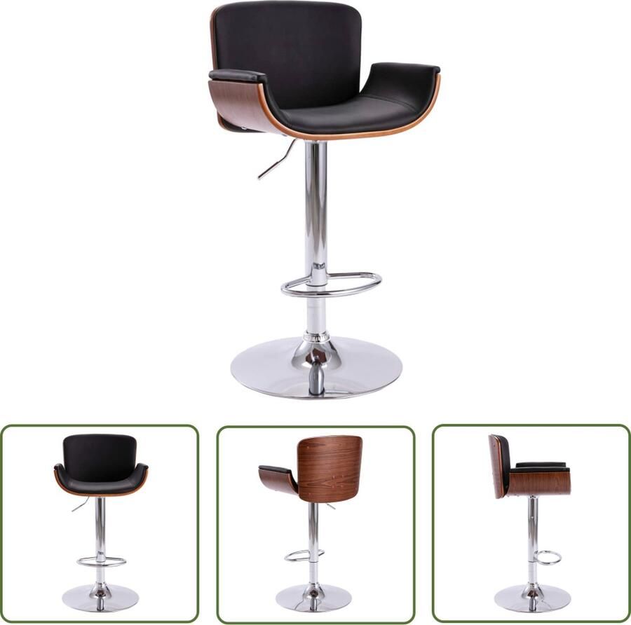 The Living Store Barstoel Zwart donkerbruin Kunstleer Gebogen hout verchroomd metaal 51.5 x 49.5 x (89-109) cm 110 kg Barstoel Kunstleder Zwarte Barstoel Eetkamerstoel Barkruk - Foto 2