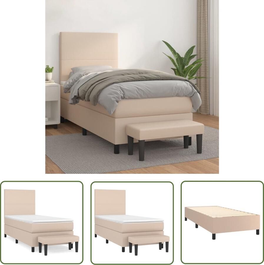 The Living Store Boxspringbed Cappuccino Kunstleer 203x100x118 128 cm Verstelbaar hoofdbord Pocketvering matras Middelharde ondersteuning Huidvriendelijk topmatras Multifunctioneel bankje