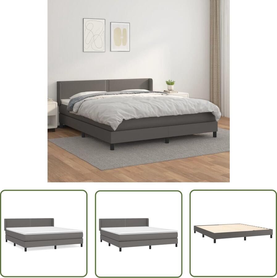 The Living Store Boxspring met matras kunstleer grijs 180x200 cm Boxspringbed Kunstleder Bed Grijs Bed Pocketveer Matras Hoofdboard