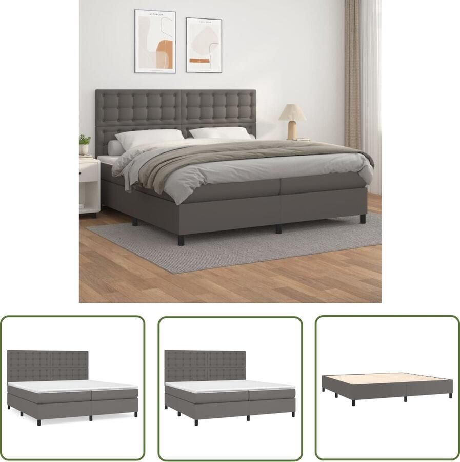 The Living Store Boxspringbed Kunstleer Grijs 203x200x118 128 cm Pocketvering Boxspringbed Kunstleder Bed Boxspring Grijs Tweepersoons Bed Pocketed Veren Matras