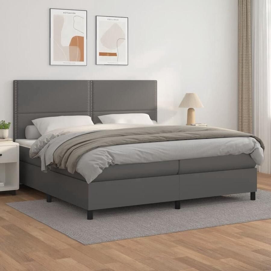 The Living Store Boxspringbed Kunstleer Pocketvering Middelharde ondersteuning 203x200x118 128 Grijs Boxspringbed Kunstleder Bed Pocketveer Matras Middenhard Matras Tweepersoons Bed