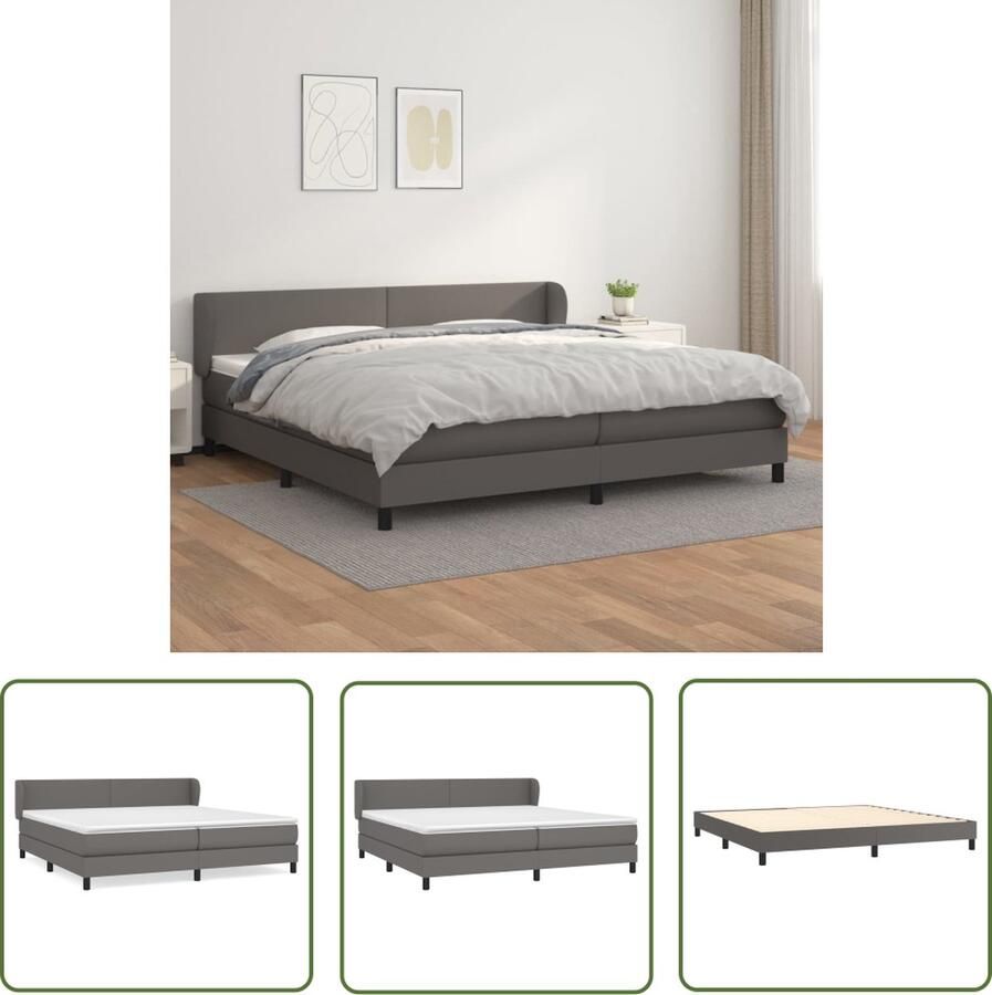 The Living Store Boxspring met matras kunstleer grijs 200x200 cm Boxspringbed Kunstleder Bed Pocketveer Matras Middelhard Slaapkamer Meubilair