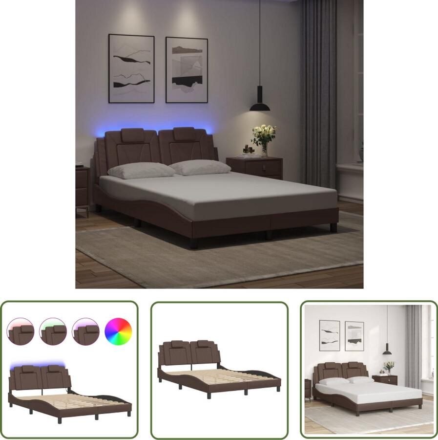 VidaXL Kunstleder Bed Bruin Bed Frame Bedframe Viana met LED zonder matras kunstleer bruin 140x190 cm Led Bed Frame Tweepersoons Bed Boxspring Alternatief