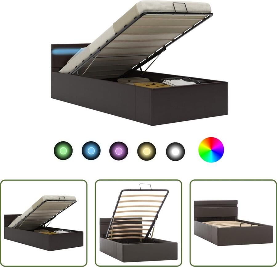 The Living Store Bedframe met opslag hydraulisch LED kunstleer grijs 100x200 cm Hydraulisch Bed Kunstleder Bed Met Led Licht Opbergbed Één Persoonsbed