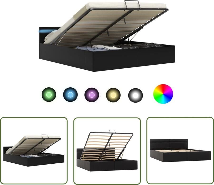 The Living Store Bedframe Hydraulisch Kunstleren bekleding 180 x 200 cm Met opbergvak LED-strip Zwart Hydraulisch Bed Kunstleder Bed Boxspring Bed Dubbel Bed Led Lamp