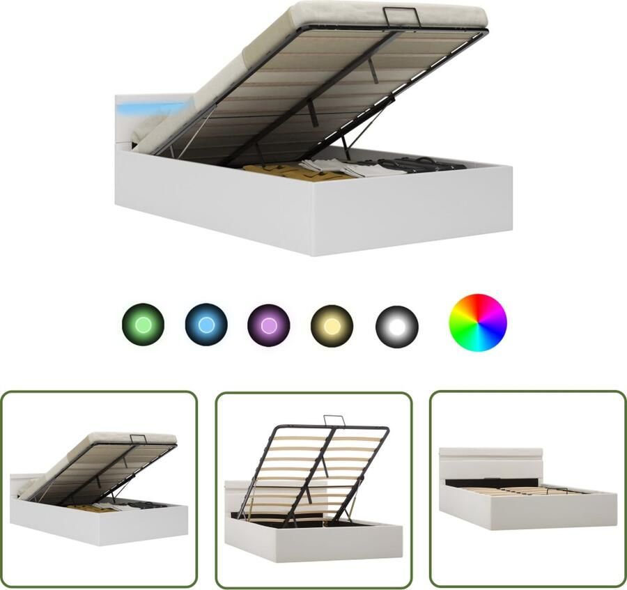 The Living Store Bedframe met opslag hydraulisch LED kunstleer wit 120x200 cm Hydraulisch Bedframe Kunstleder Bed Wit Bed Opbergbed Led Verlichting Bed - Foto 2