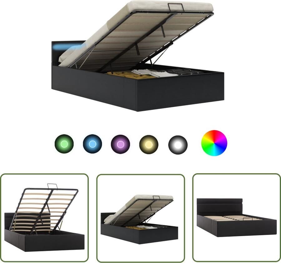 The Living Store Bedframe Kunstleren bekleding Hydraulisch LED-strip 212 x 127 x 73 cm Zwart Hydraulisch Bedframe Kunstleder Bed Led Verlichting Bed Boxspring Bed Slaapcomfort - Foto 2