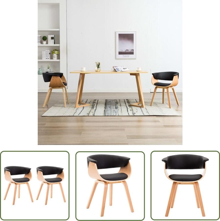 The Living Store Eetkamerstoelenset Kunstleer Gebogen houten frame 59.5 x 51 x 72 cm Zwart en Bruin Eetkamerstoelen Kunstleder Meubels Zwarte Stoelen Bruine Stoelen Eetkamersets - Foto 2
