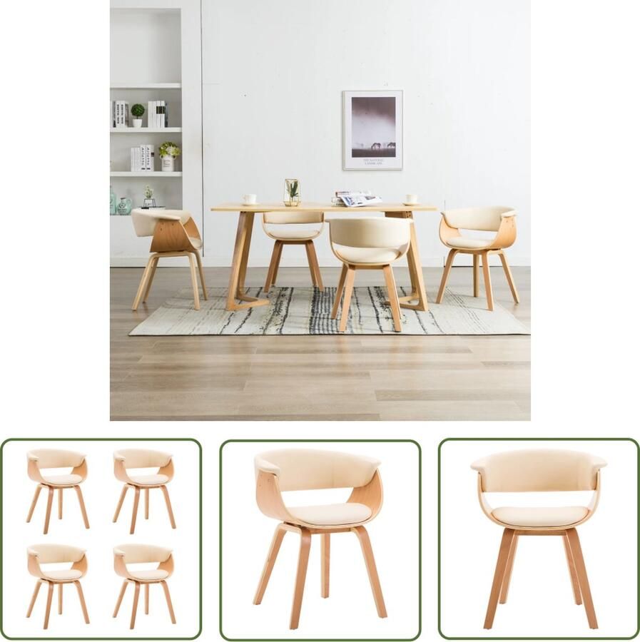 The Living Store Eetkamerstoelenset Kunstleren bekleding Gebogen houten frame 59.5 x 51 x 72 cm Crème en bruin Eetkamerstoelen Kunstleder Meubels Vintage Stoelen Dining Chairs Krukken - Foto 2