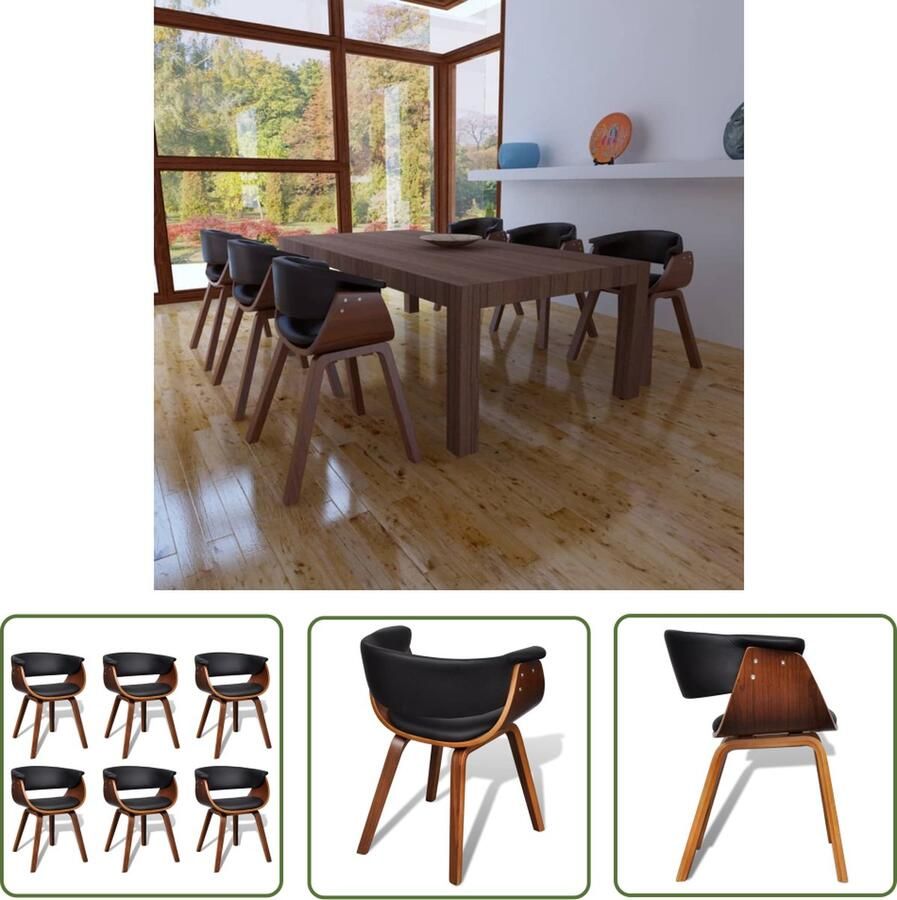 The Living Store Eetkamerstoelen Zwart en bruin 59.5 x 51 x 72 cm Gebogen hout Eetkamerstoelen Kunstleder Meubels Houten Stoelen Zwarte Stoelen Bruine Stoelen - Foto 2