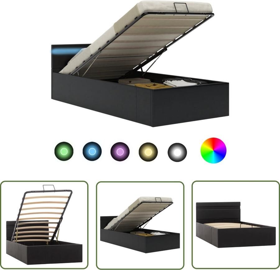 The Living Store Bedframe Hydraulisch Kunstleren bekleding Zwart 212 x 107 x 73 cm Geschikt voor matras van 100 x 200 cm LED-strip Afstandsbediening Opbergvak - Foto 2