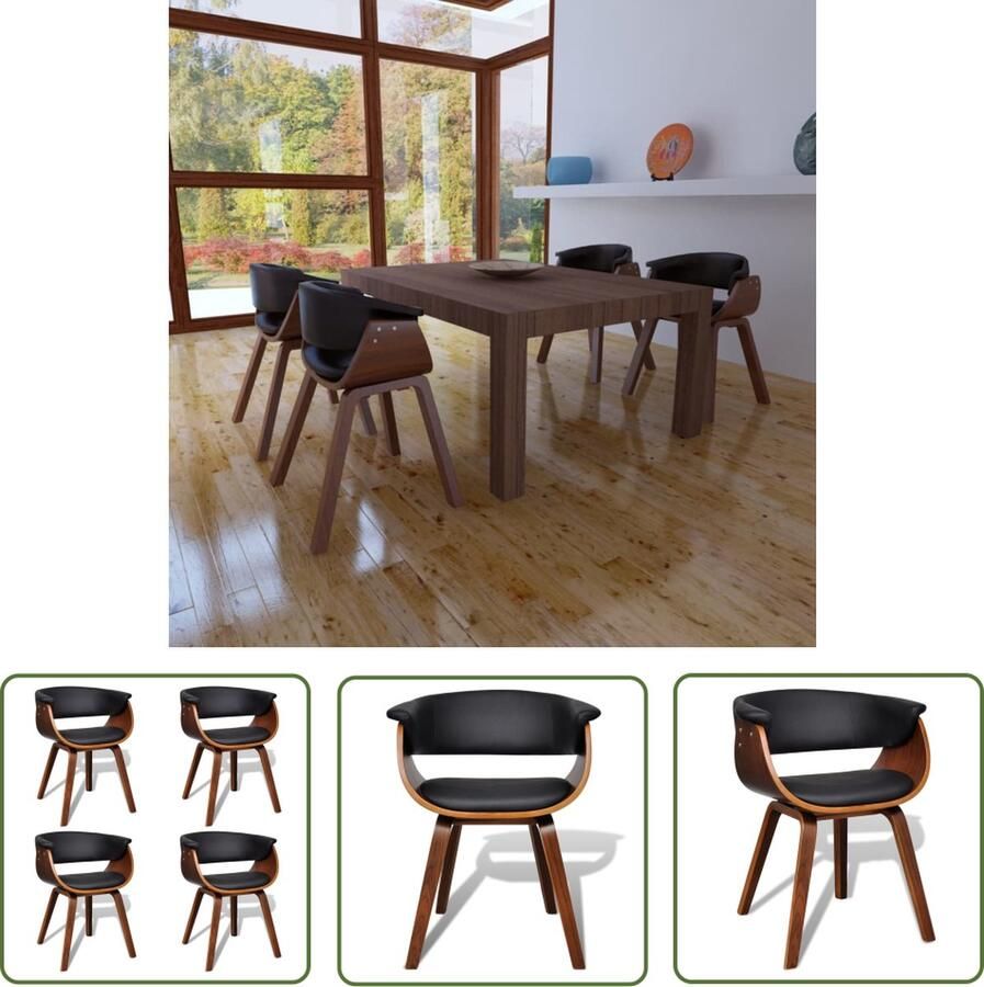 The Living Store Eetkamerstoelenset Kunstleer Gebogen hout Zwart Bruin 59.5 x 51 x 72 cm Eetkamerstoelen Kunstleer Meubels Houten Stoelen Zwarte Stoelen Bruine Stoelen - Foto 2
