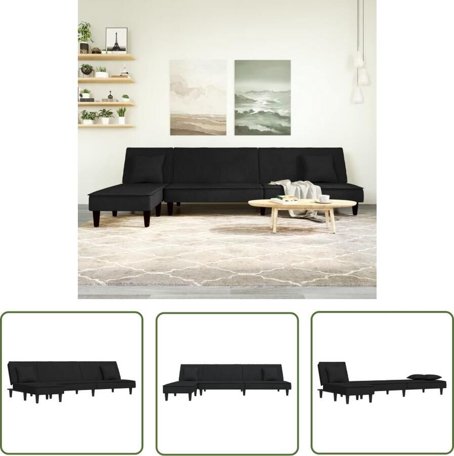The Living Store L-vormige slaapbank Velours Zwart 255x140cm Verstelbaar Slaapbank L-vormig Sofa Zwarte Sofa Velvet Sofa Lounge Bank