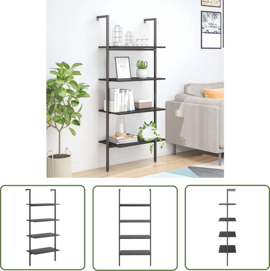 The Living Store Boekenrek Leunend 4 Schappen 64x35x152.5cm Zwart Boekenplank Ladderkast Opbergruimte Zwarte Kast Houten Kast - Foto 2