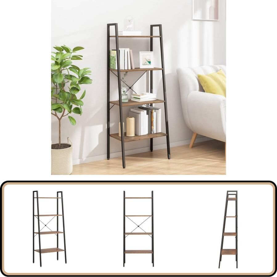VidaXL -Ladderrek-met-4-schappen-56x35x140-cm-donkerbruin-en-zwart - Foto 2