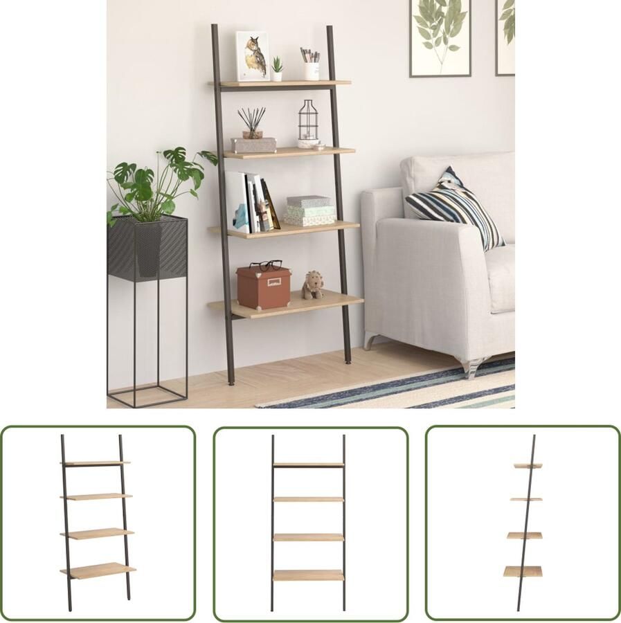 The Living Store Ladderrek met 4 schappen 64x34x150 5 cm lichtbruin en zwart Boekenrek Ladderrek Opbergplank Kastje Woonaccessoires - Foto 2