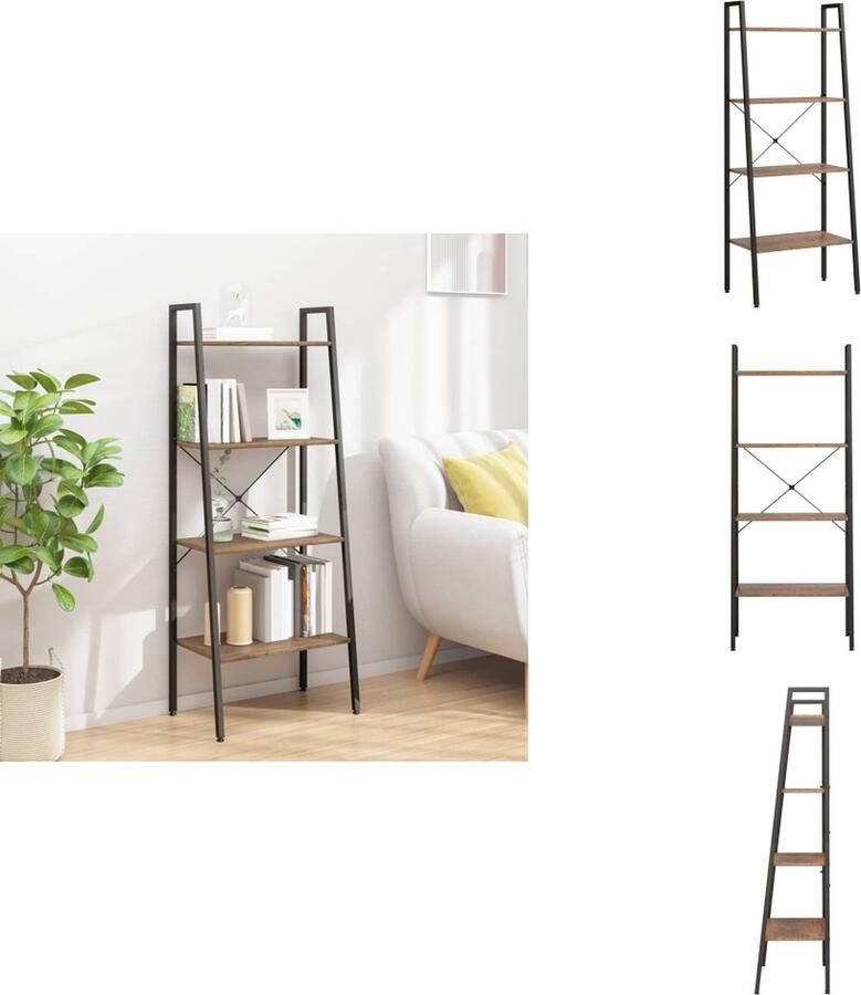 VidaXL Ladderrek Ladderrekken Boekenrek Boekenkast Ladderrek met 4 schappen 56x35x140 cm donkerbruin en zwart - Foto 2