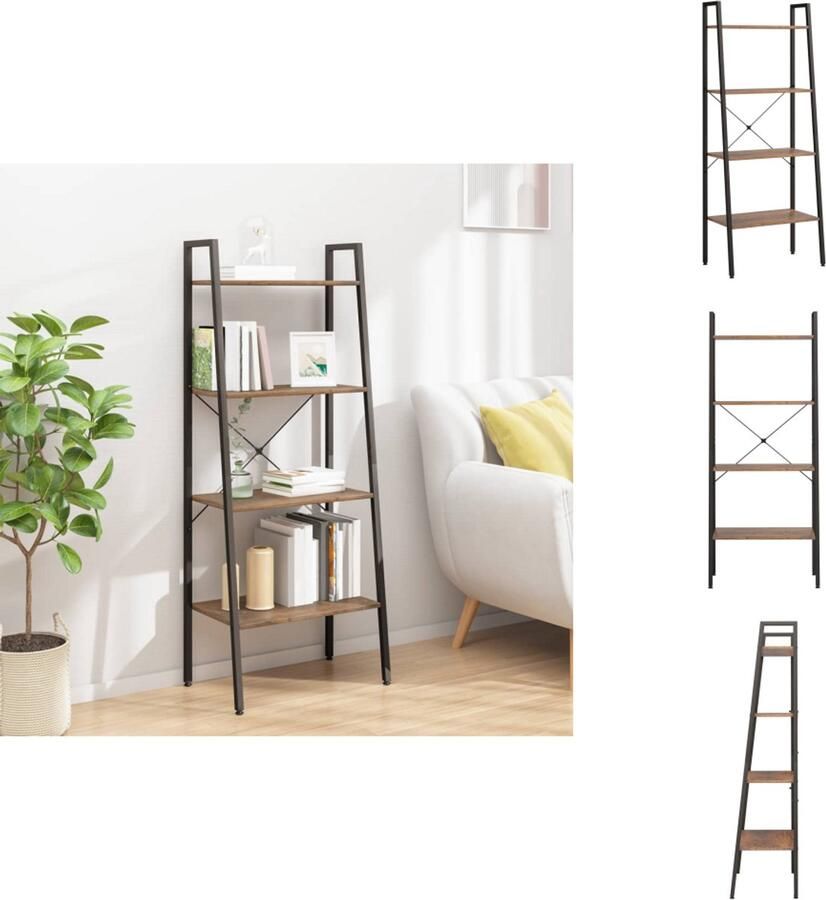 VidaXL Ladderrek Ladderrekken Boekenrek Boekenkast Ladderrek met 4 schappen 56x35x140 cm donkerbruin en zwart