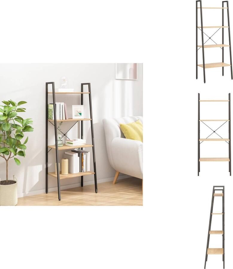 VidaXL Ladderrek Ladderrekken Boekenrek Boekenkast Ladderrek met 4 schappen 56x35x140 cm lichtbruin en zwart - Foto 2