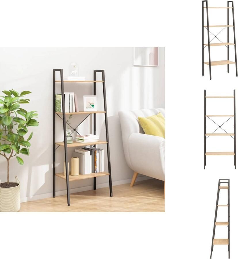 VidaXL Ladderrek Ladderrekken Boekenrek Boekenkast Ladderrek met 4 schappen 56x35x140 cm lichtbruin en zwart